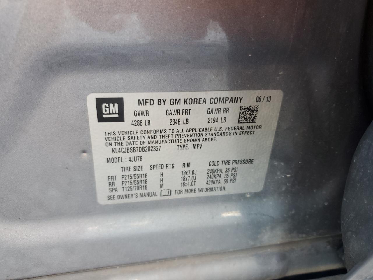 2013 Buick Encore Convenience VIN: KL4CJBSB7DB202357 Lot: 91175565