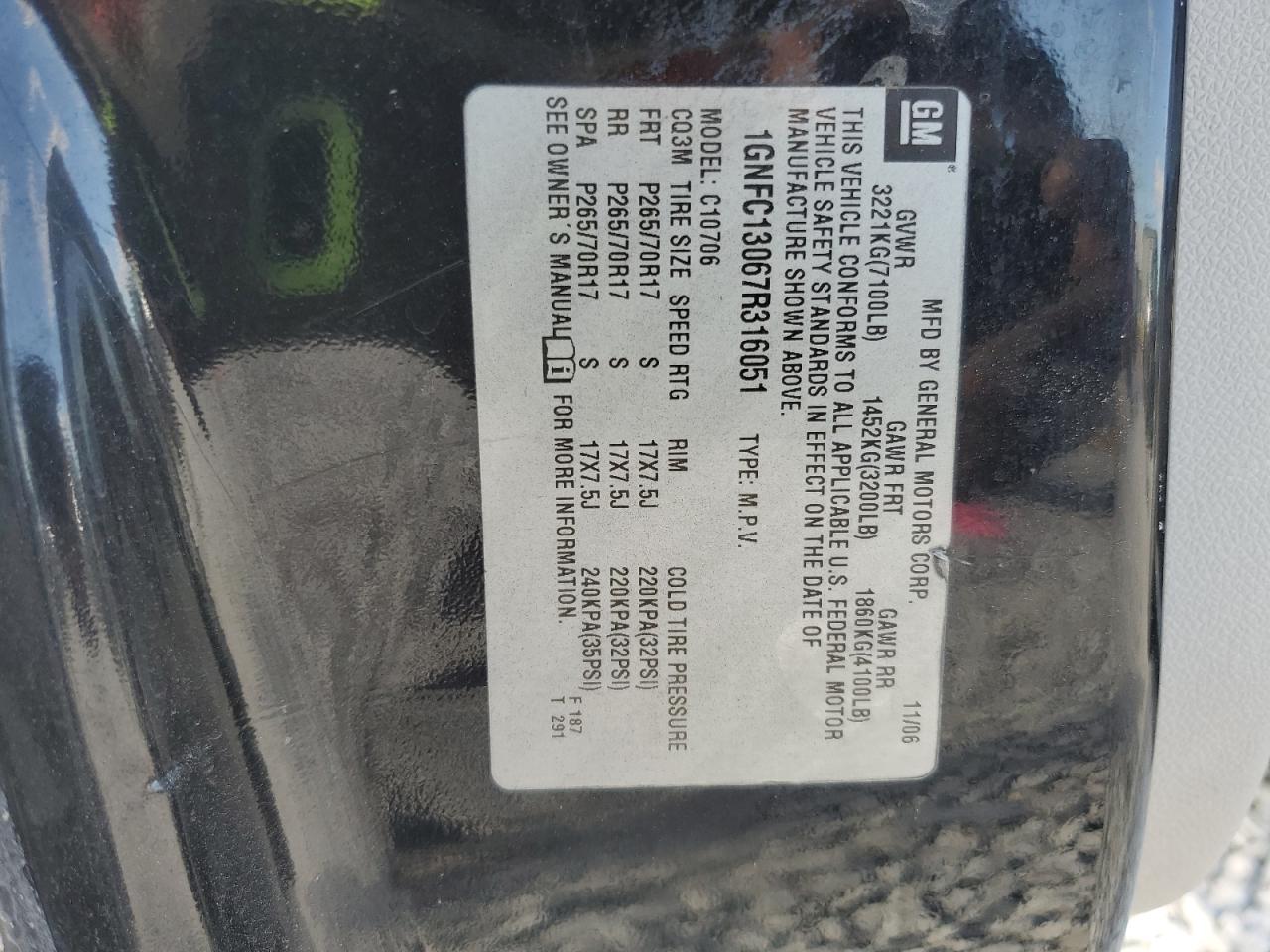 2007 Chevrolet Tahoe C1500 VIN: 1GNFC13067R316051 Lot: 93429305