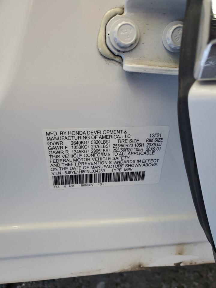 2022 Acura Mdx Advance VIN: 5J8YE1H80NL034239 Lot: 93263015