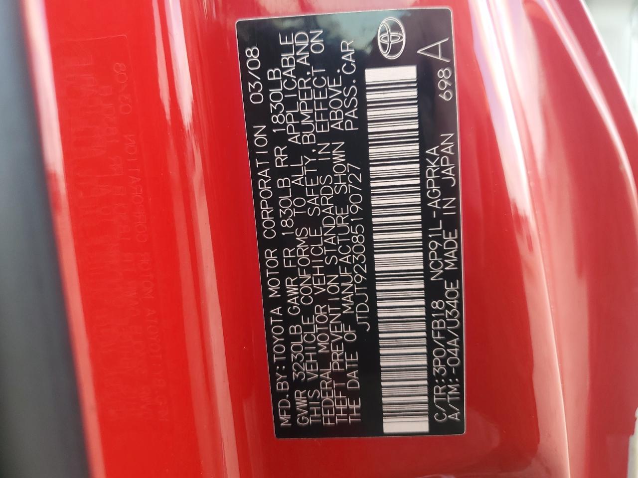 2008 Toyota Yaris VIN: JTDJT923085190727 Lot: 93288115