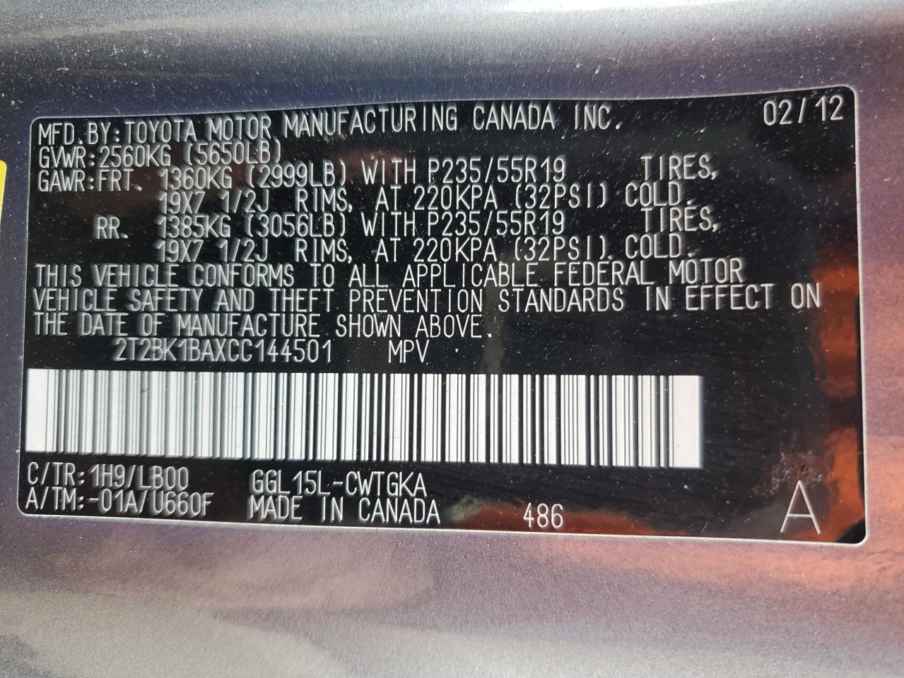 2012 Lexus Rx 350 VIN: 2T2BK1BAXCC144501 Lot: 93044185