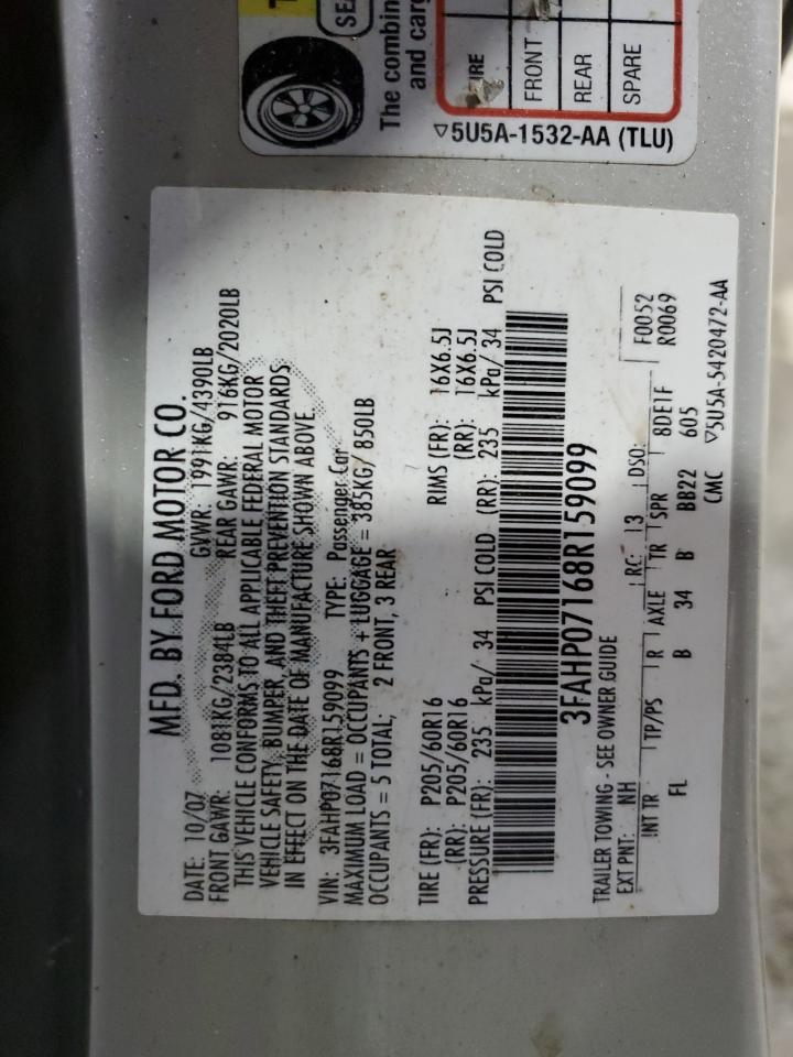 2008 Ford Fusion Se VIN: 3FAHP07168R159099 Lot: 92513745