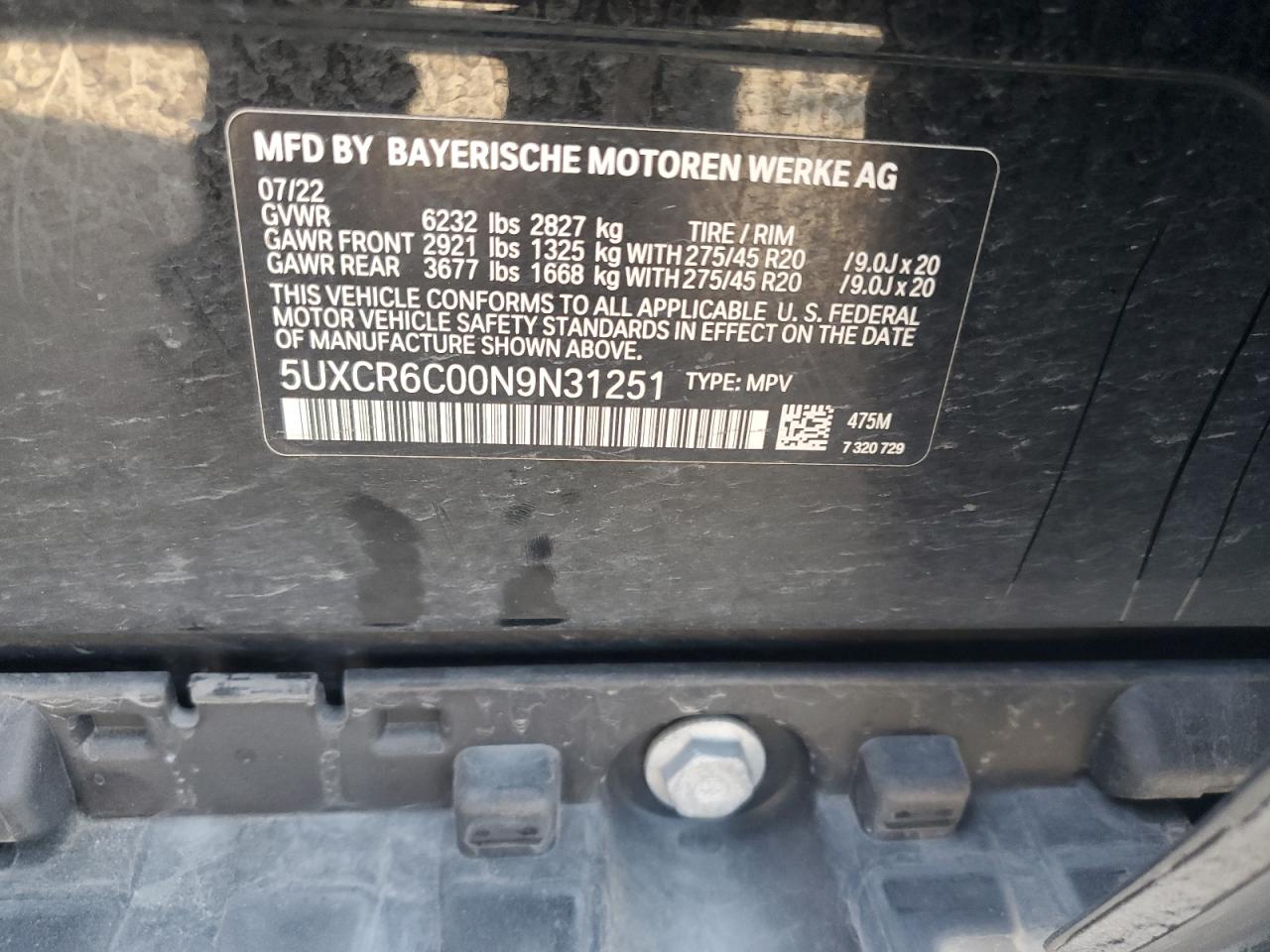 2022 BMW X5 xDrive40I VIN: 5UXCR6C00N9N31251 Lot: 92330365