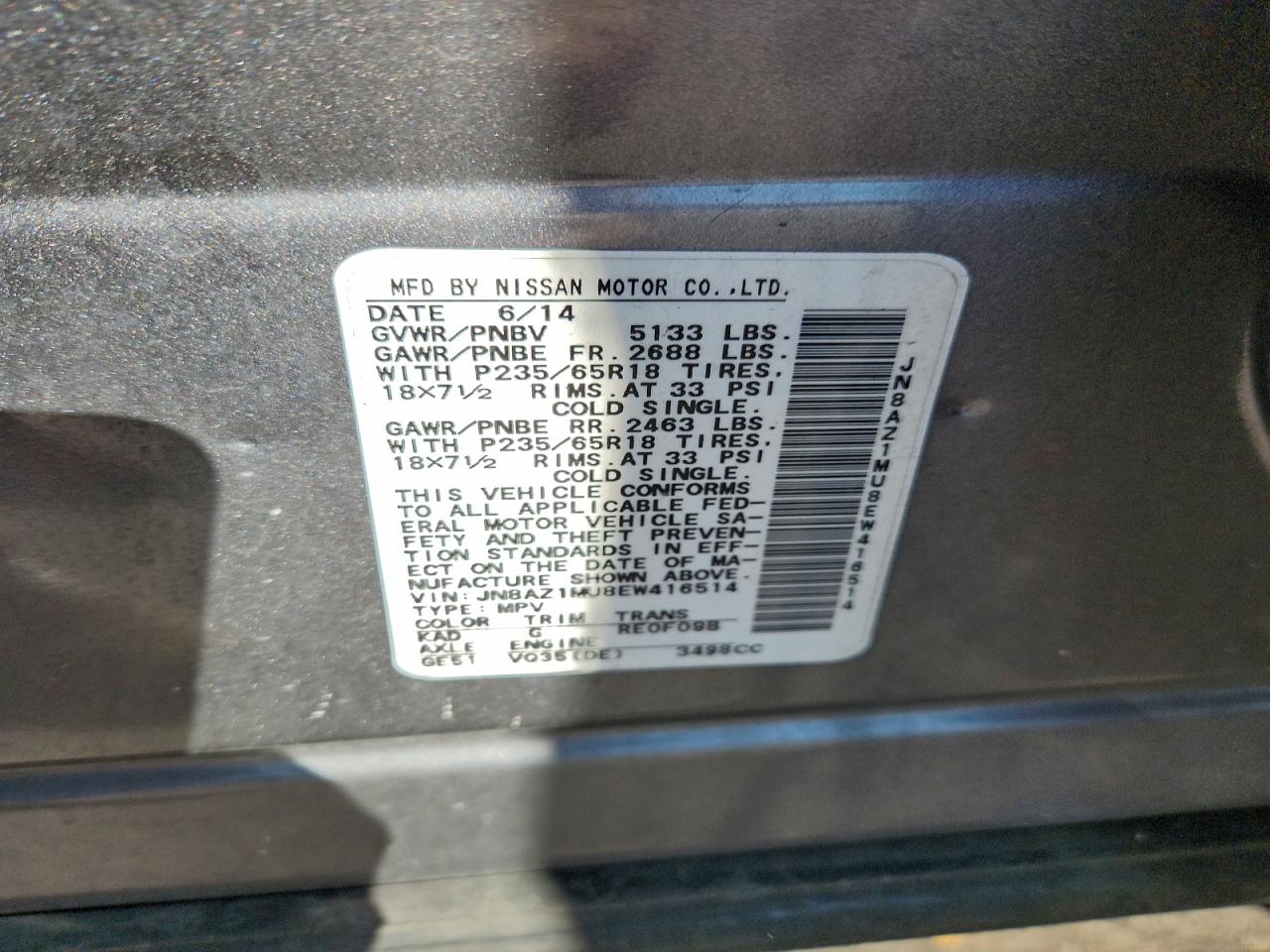 2014 Nissan Murano S VIN: JN8AZ1MU8EW416514 Lot: 94555255