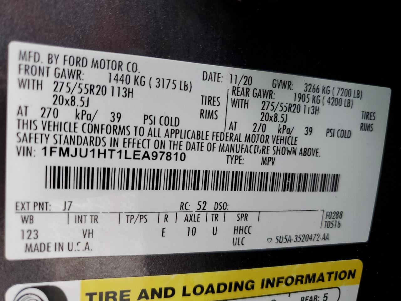 2020 Ford Expedition Xlt VIN: 1FMJU1HT1LEA97810 Lot: 93095615