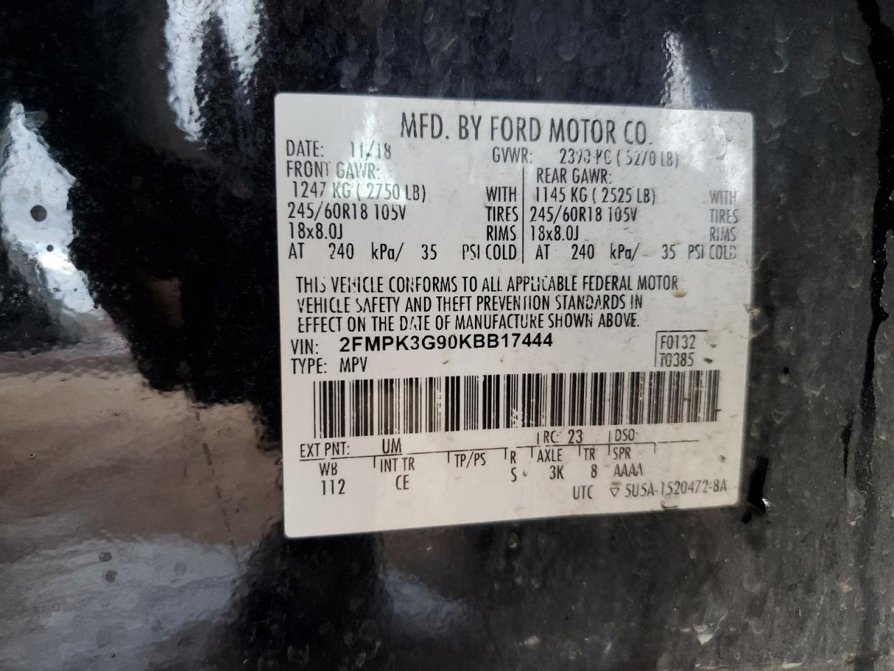 2019 Ford Edge Se VIN: 2FMPK3G90KBB17444 Lot: 93461595