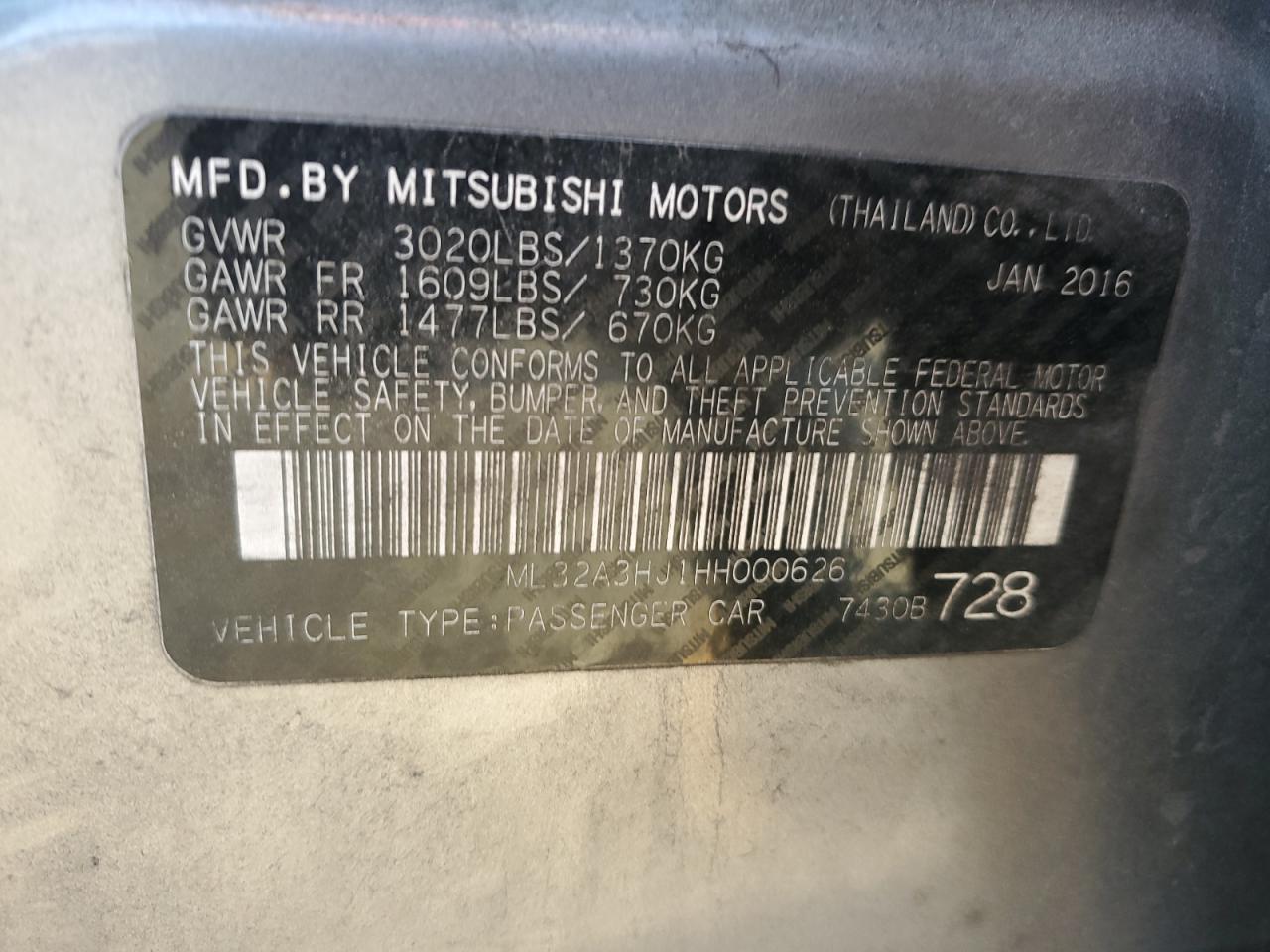 2017 Mitsubishi Mirage Es VIN: ML32A3HJ1HH000626 Lot: 91942505