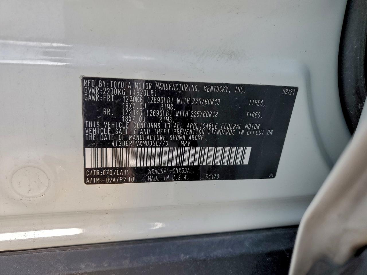 2021 Toyota Rav4 Limited VIN: 4T3D6RFVXMU050770 Lot: 94794285