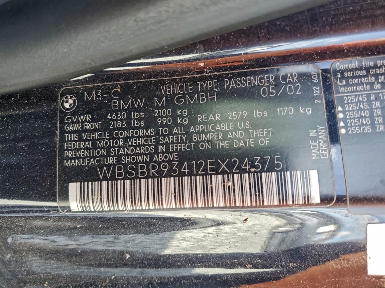 2002 BMW M3 VIN: WBSBR93412EX24375 Lot: 94453765