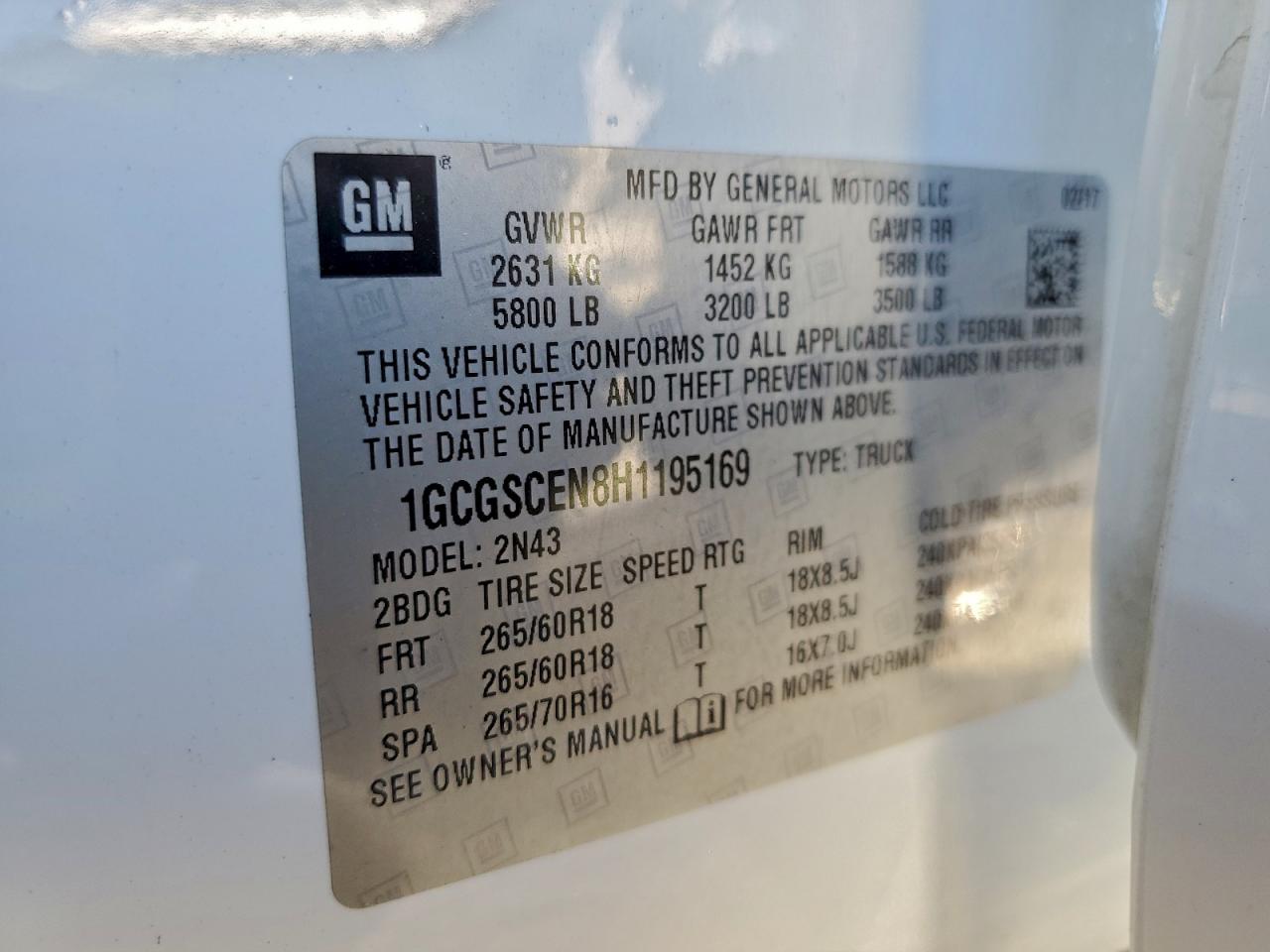 2017 Chevrolet Colorado Lt VIN: 1GCGSCEN8H1195169 Lot: 94193635