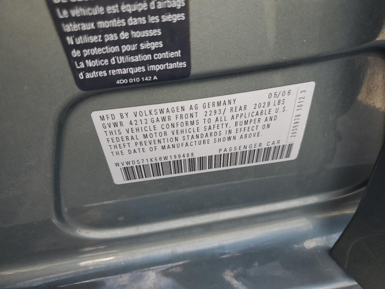 2006 Volkswagen Rabbit VIN: WVWDS71K56W199489 Lot: 92797065