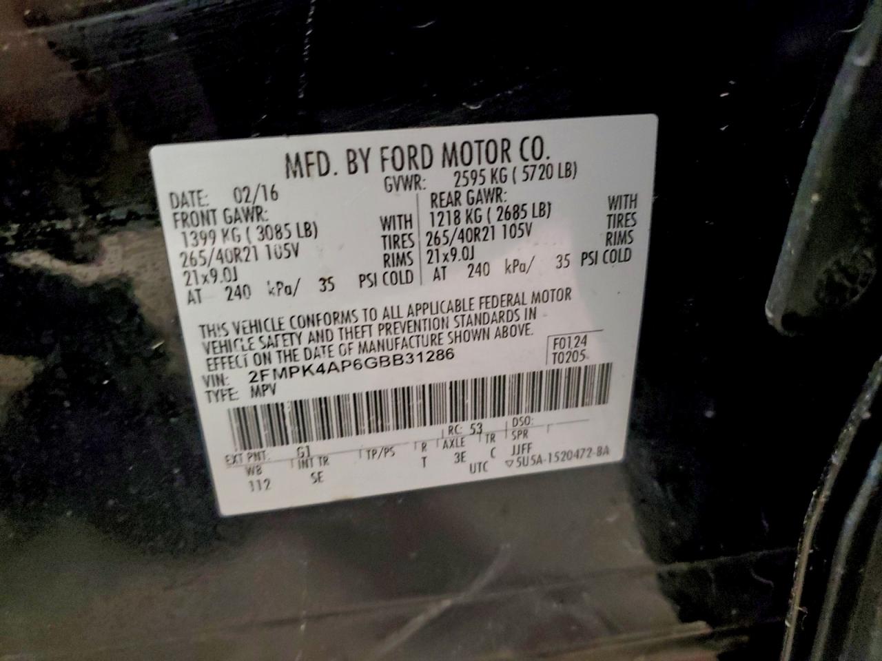 2016 Ford Edge Sport VIN: 2FMPK4AP6GBB31286 Lot: 94566595