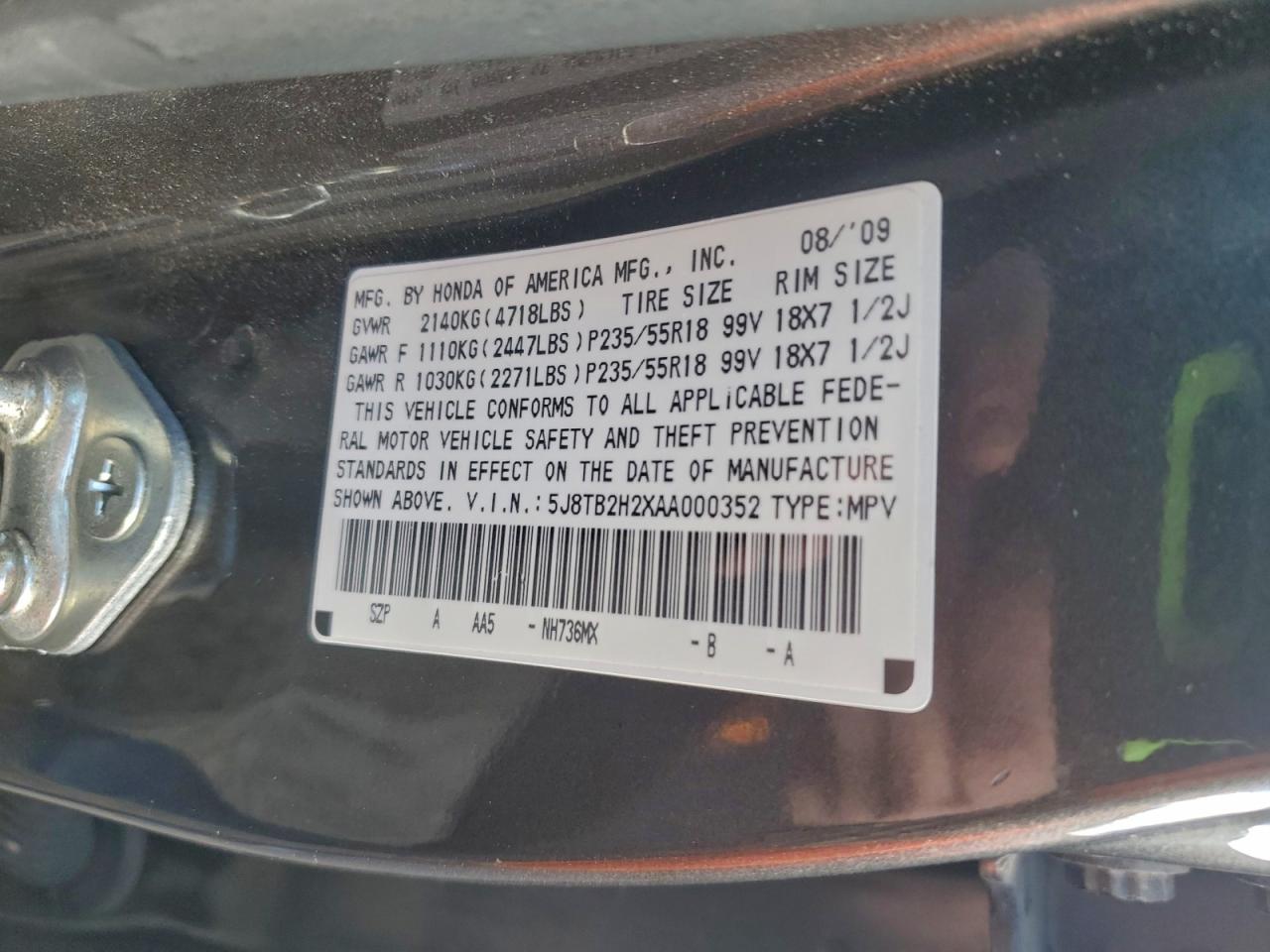 2010 Acura Rdx VIN: 5J8TB2H2XAA000352 Lot: 94393245