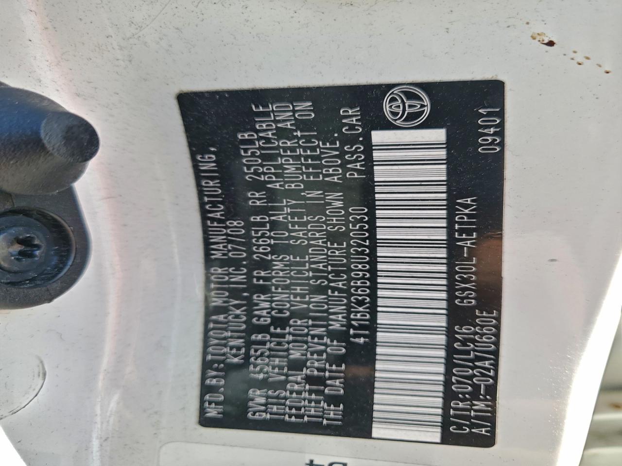 2008 Toyota Avalon Xl VIN: 4T1BK36B98U320530 Lot: 91933435