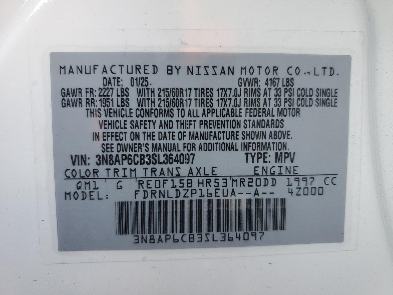 2025 Nissan Kicks Sv VIN: 3N8AP6CB3SL364097 Lot: 93334065