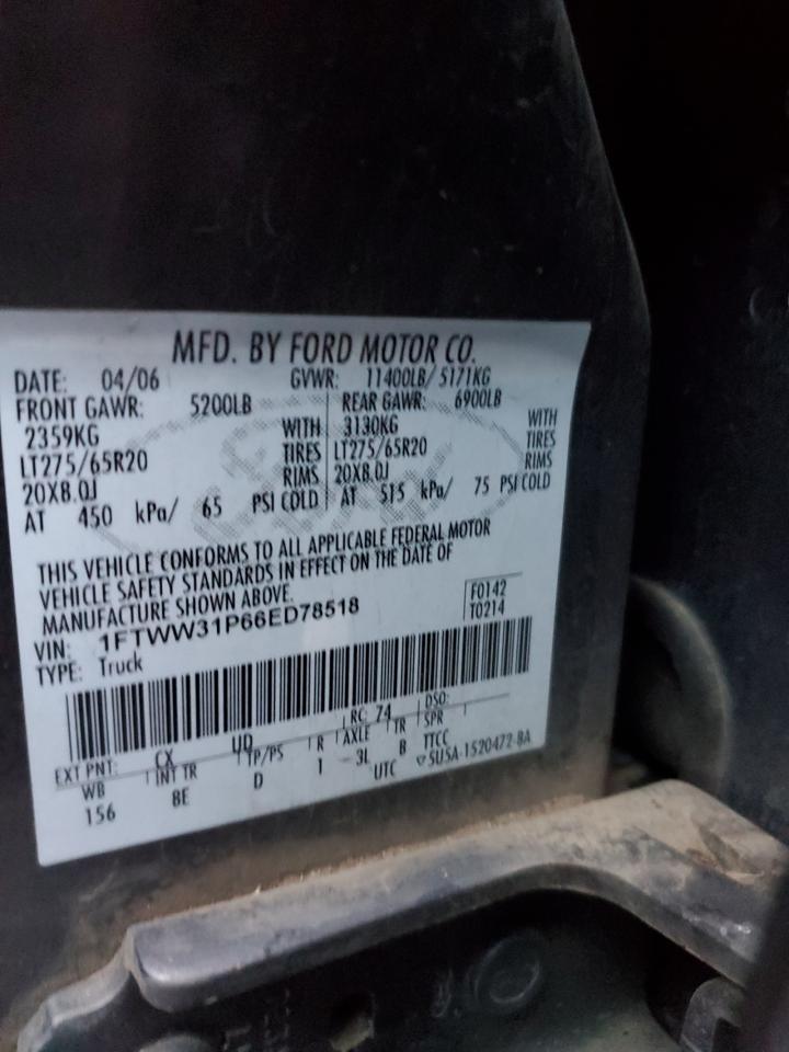 2006 Ford F350 Srw Super Duty VIN: 1FTWW31P66ED78518 Lot: 91434875