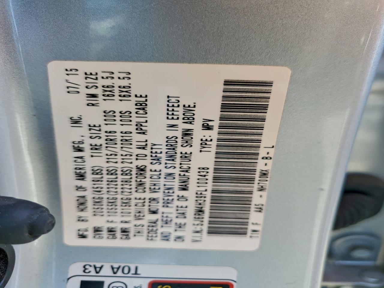 2015 Honda Cr-V Lx VIN: 5J6RM4H39FL100438 Lot: 94156515