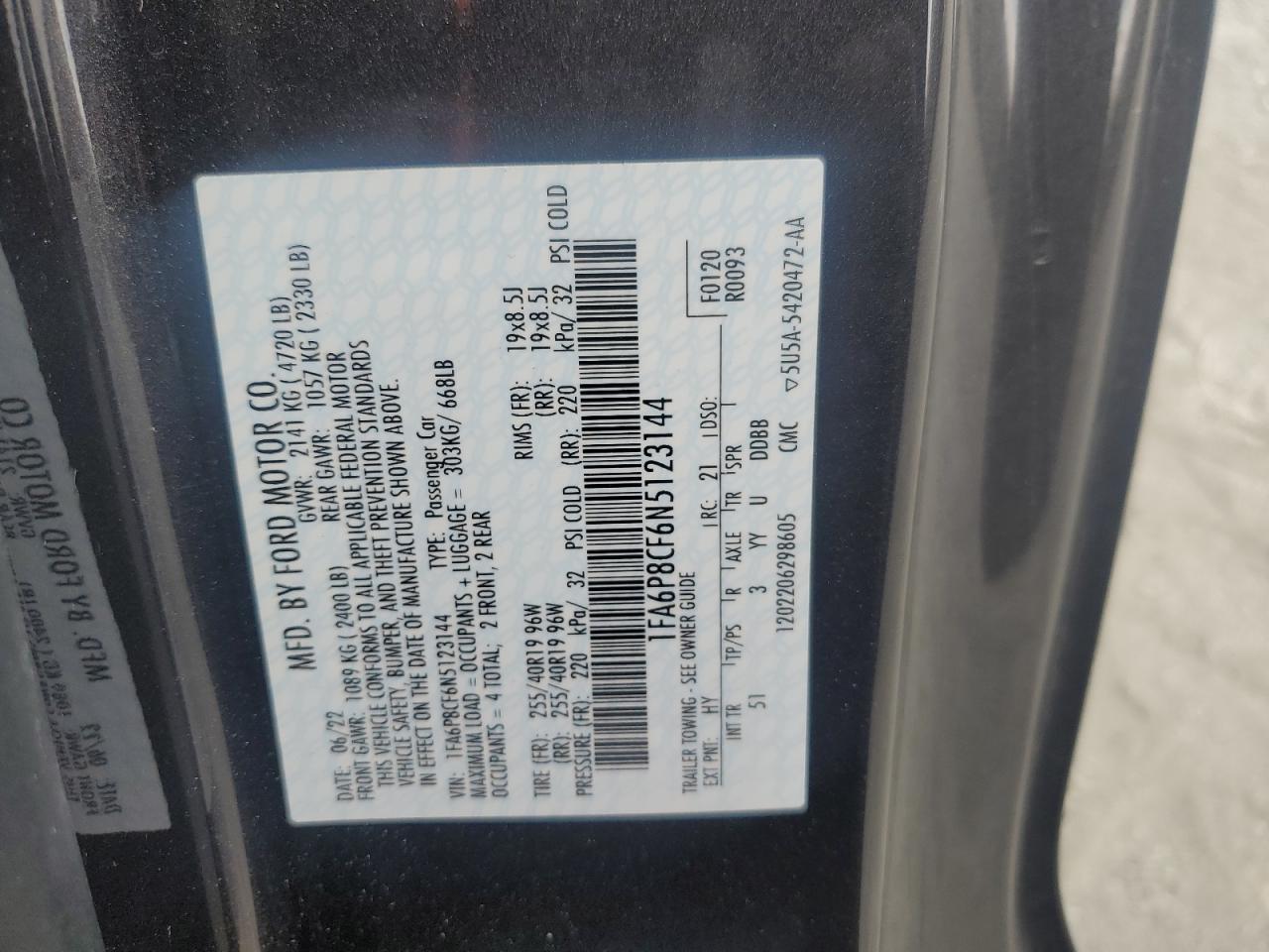 2022 Ford Mustang Gt VIN: 1FA6P8CF6N5123144 Lot: 93742125