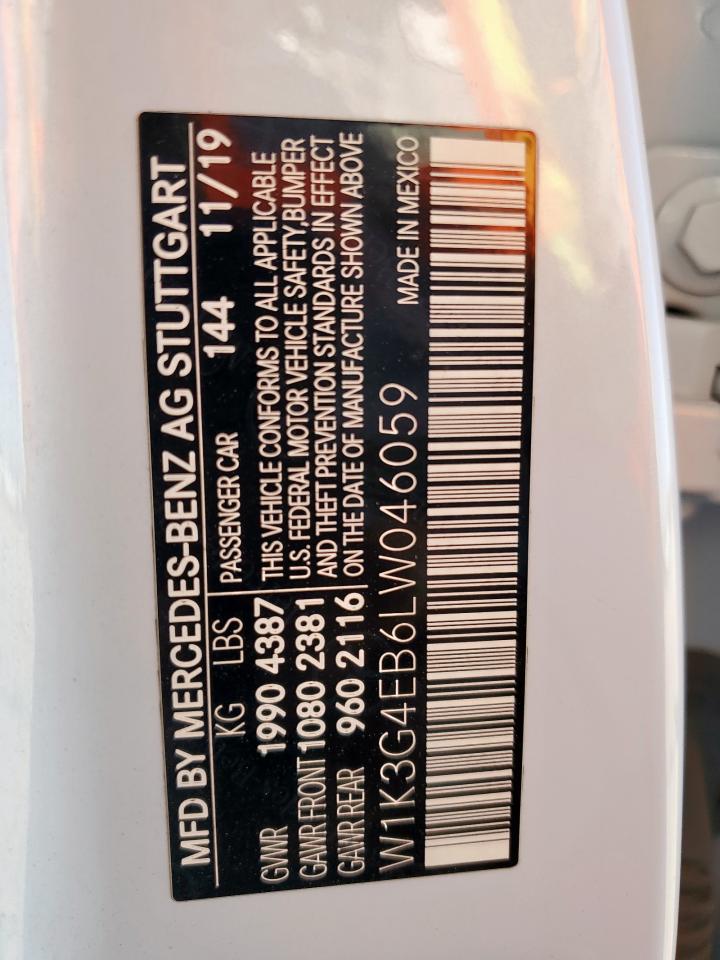 2020 Mercedes-Benz A 220 VIN: W1K3G4EB6LW046059 Lot: 91238285