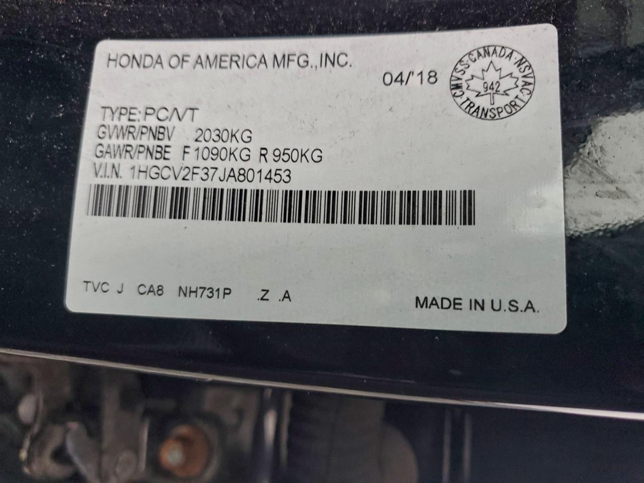 2018 Honda Accord Sport VIN: 1HGCV2F37JA801453 Lot: 94091515