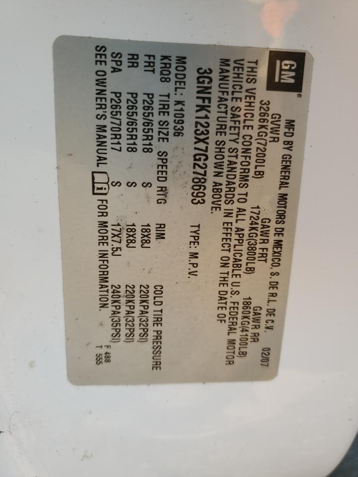 2007 Chevrolet Avalanche K1500 VIN: 3GNFK123X7G278693 Lot: 92265885