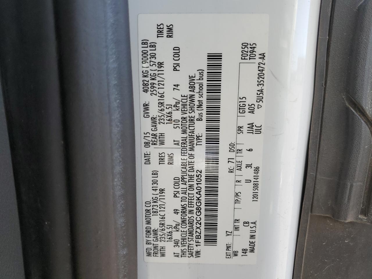 2016 Ford Transit T-350 VIN: 1FBZX2CG8GKA01052 Lot: 91507575