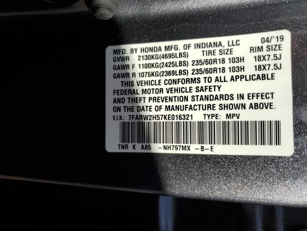2019 Honda Cr-V Ex VIN: 7FARW2H57KE016321 Lot: 91321365
