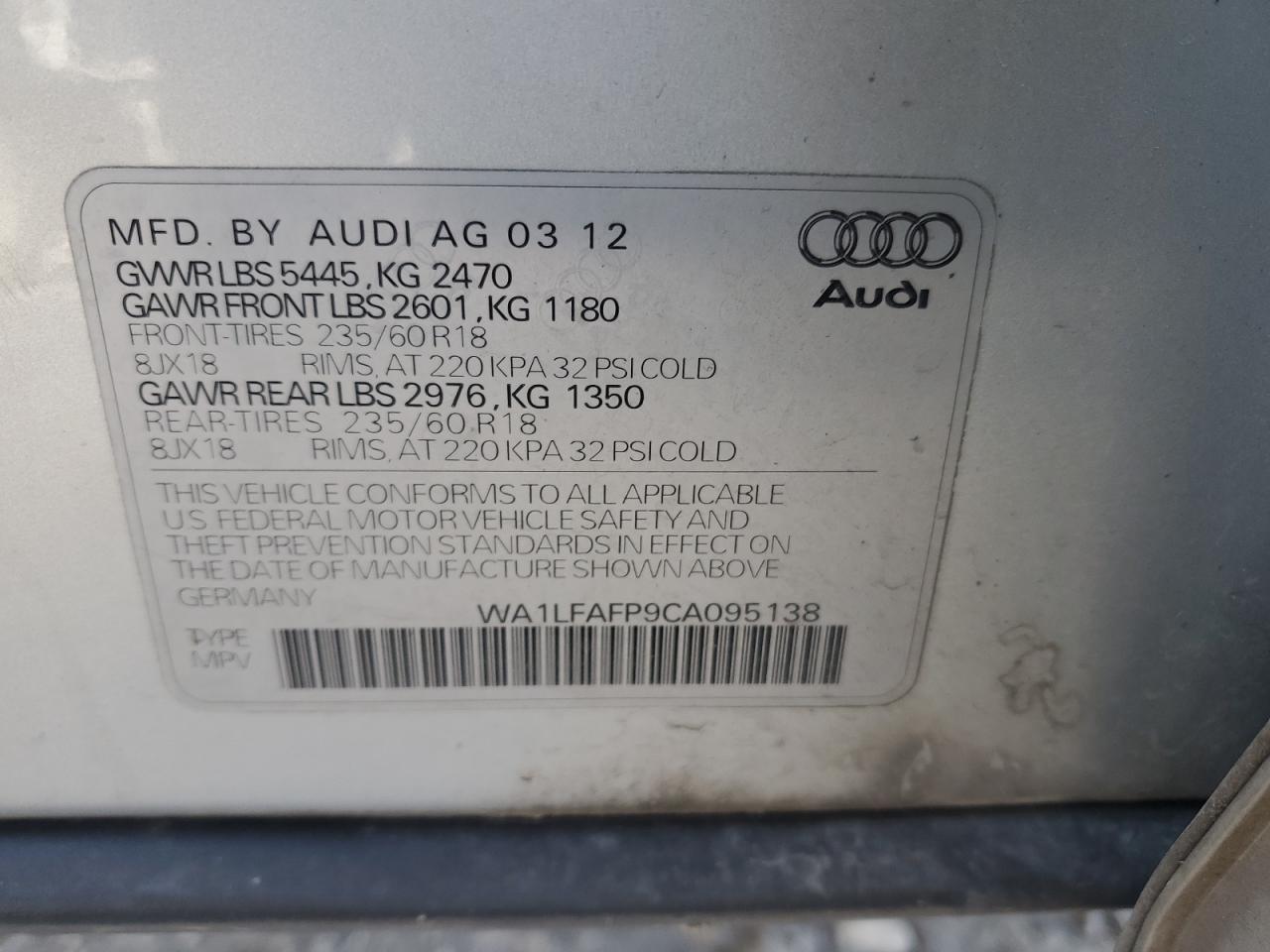 2012 Audi Q5 Premium Plus VIN: WA1LFAFP9CA095138 Lot: 91800055