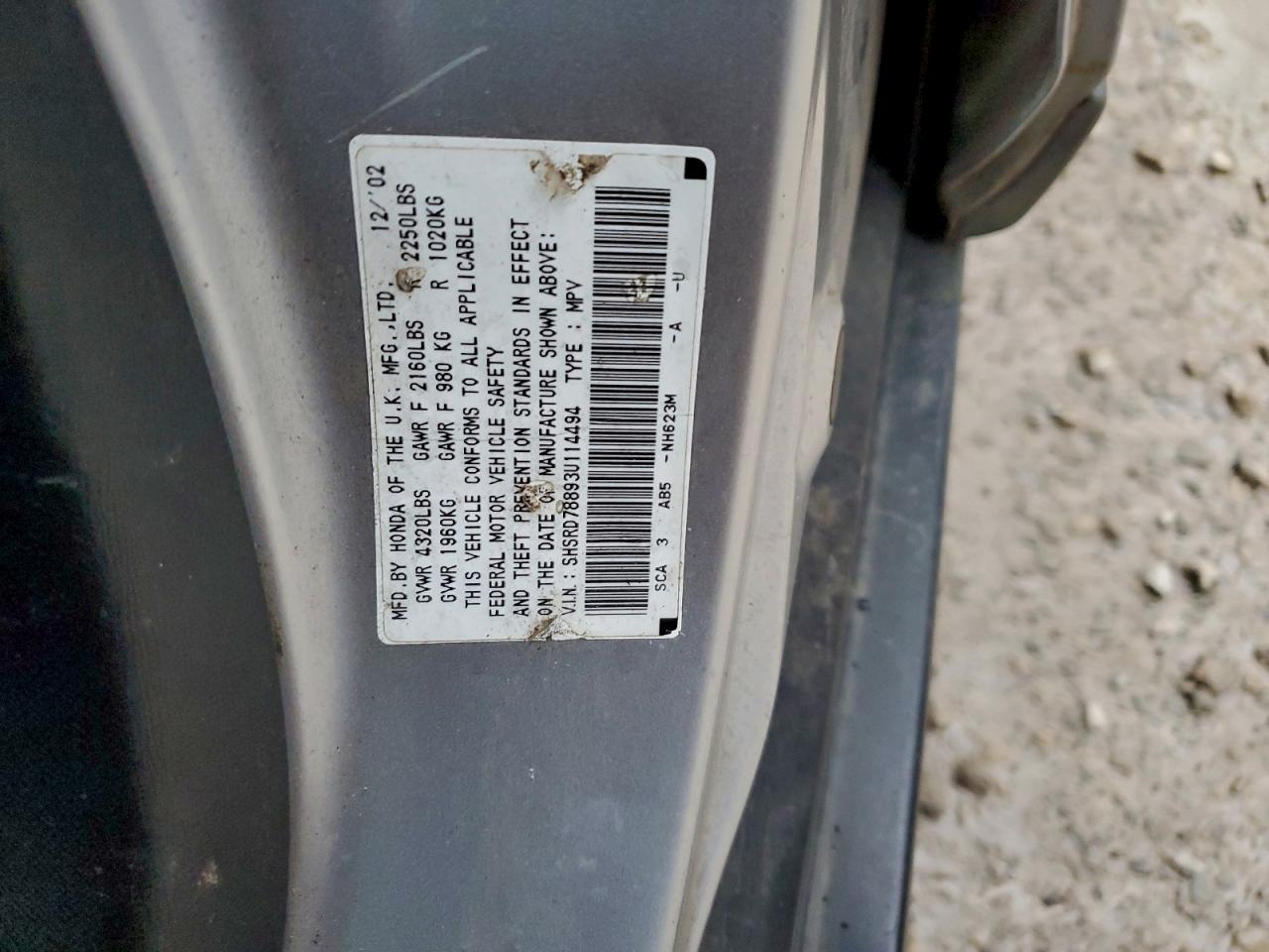 2003 Honda Cr-V Ex VIN: SHSRD78893U114494 Lot: 94895325