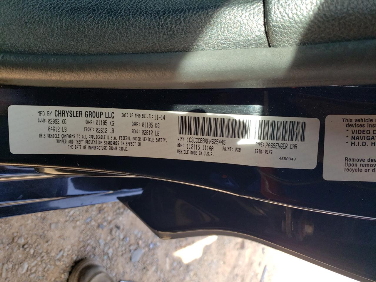 2015 Chrysler 200 S VIN: 1C3CCCBBXFN625445 Lot: 92568055