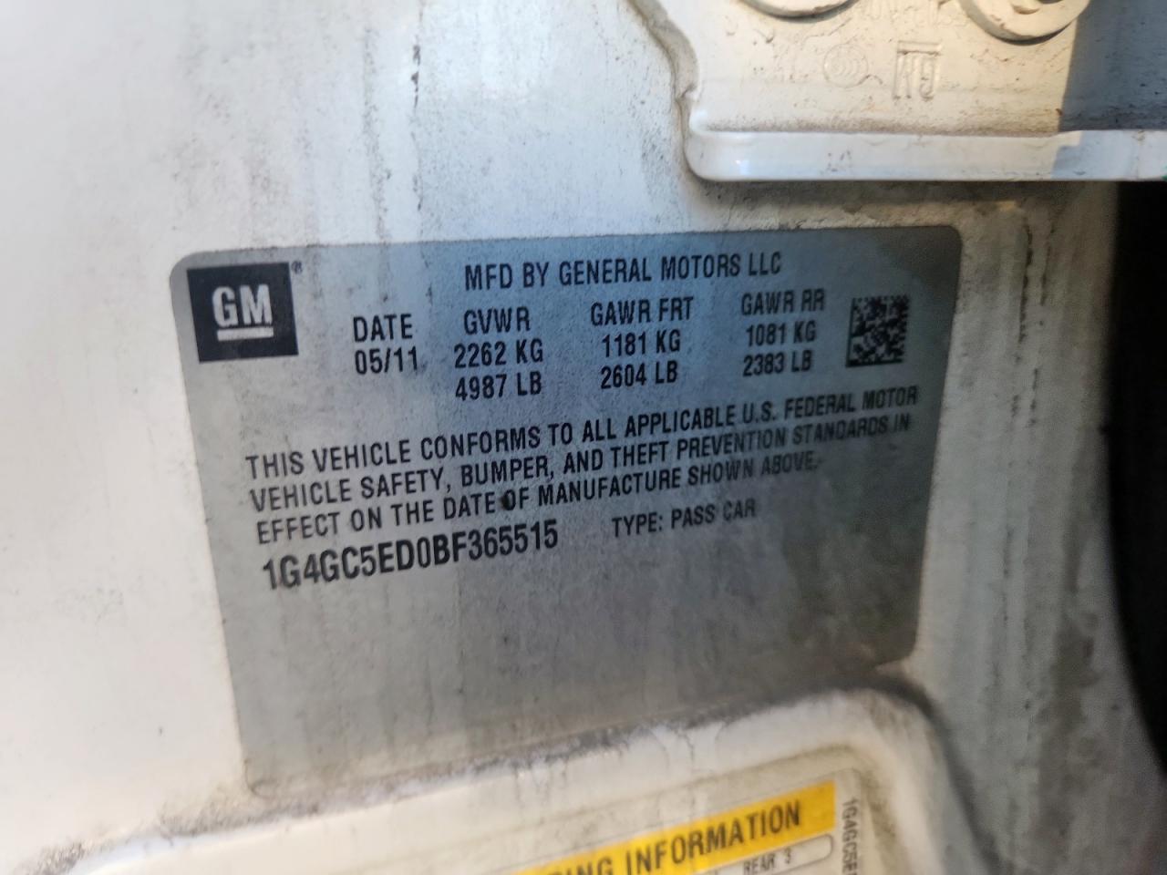 2011 Buick Lacrosse Cxl VIN: 1G4GC5ED0BF365515 Lot: 92944025