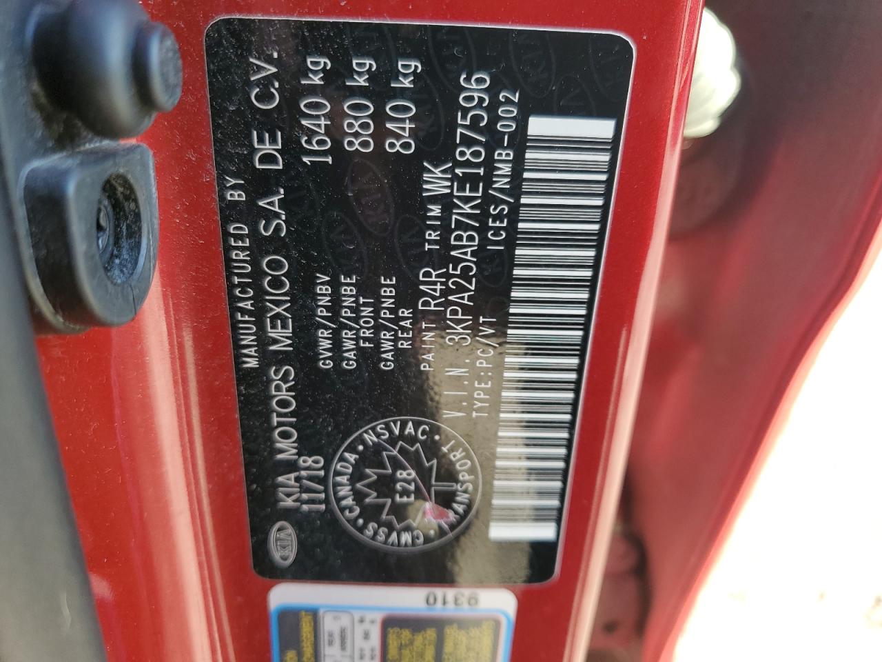 2019 Kia Rio S VIN: 3KPA25AB7KE187596 Lot: 91585585