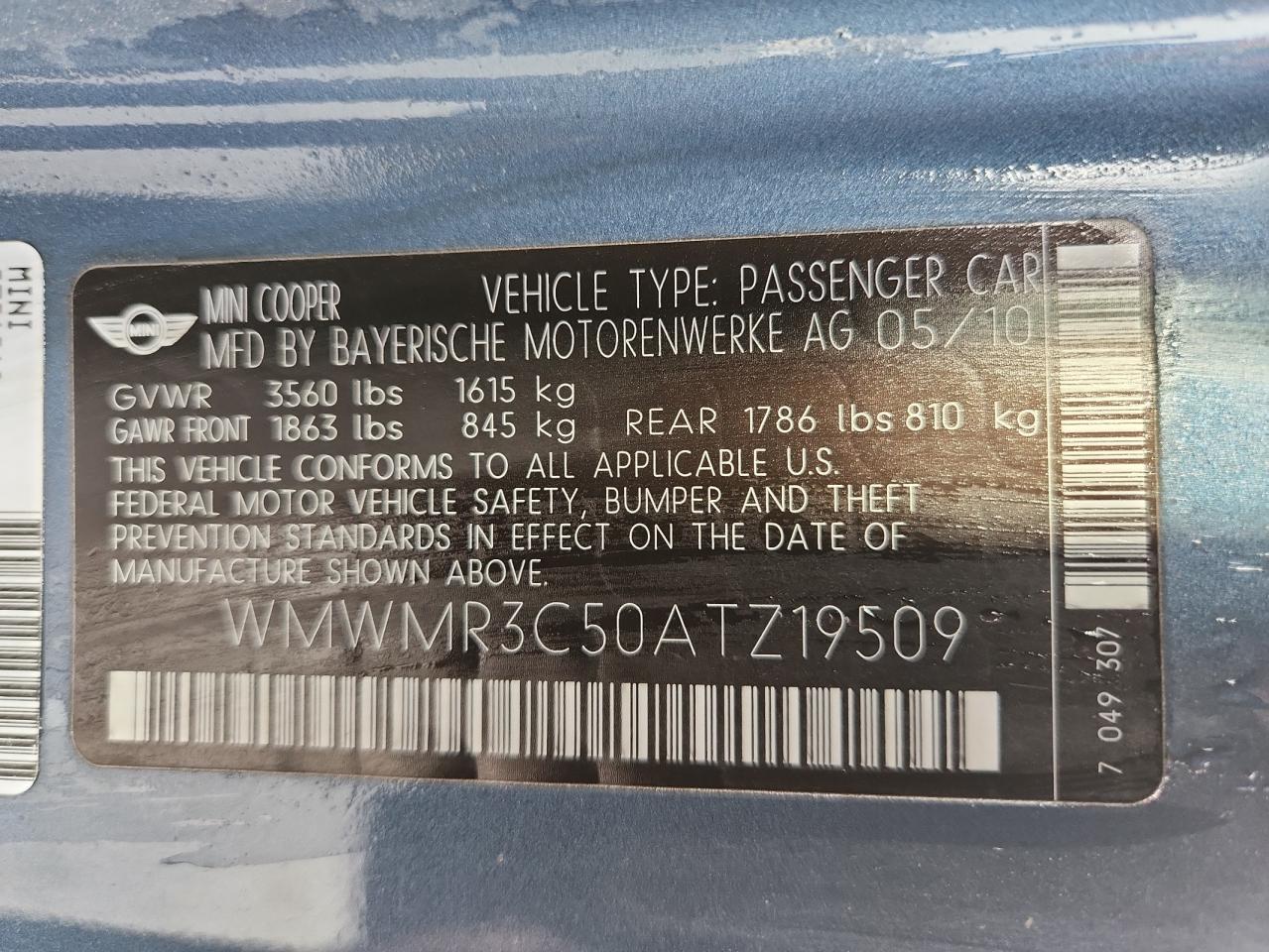 2010 Mini Cooper VIN: WMWMR3C50ATZ19509 Lot: 93228175