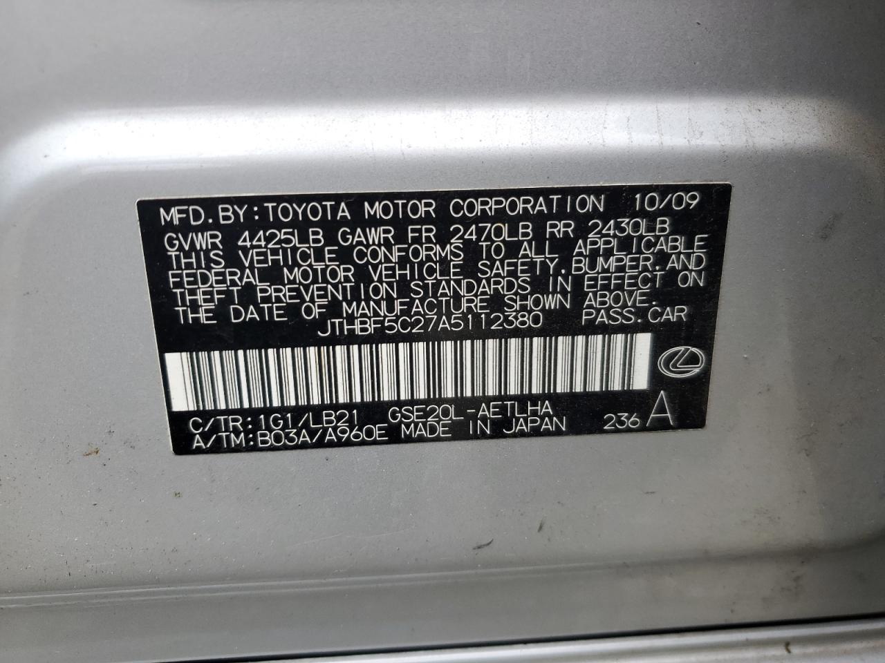 2010 Lexus Is 250 VIN: JTHBF5C27A5112380 Lot: 93206215