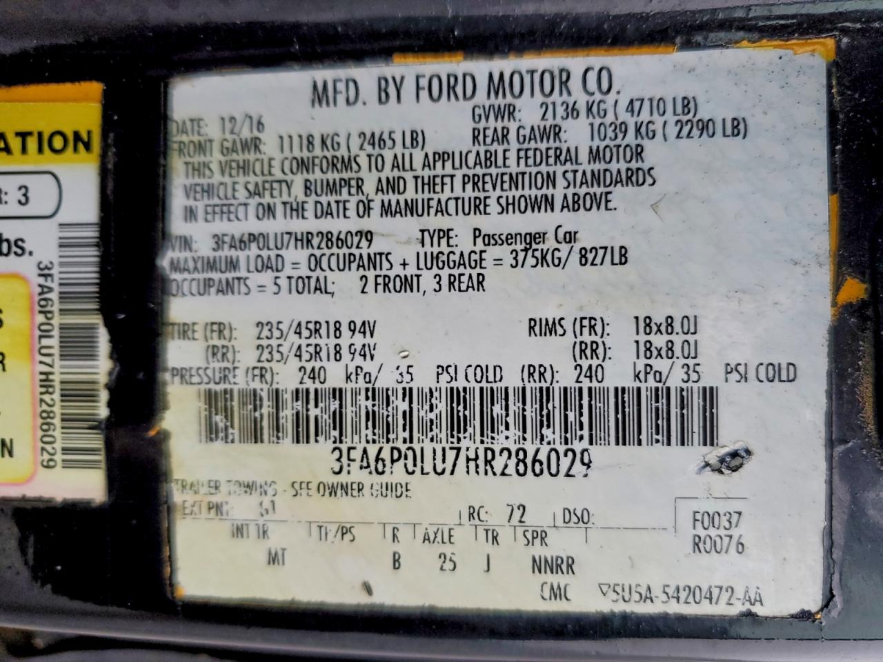 2017 Ford Fusion Se Hybrid VIN: 3FA6P0LU7HR286029 Lot: 94465905