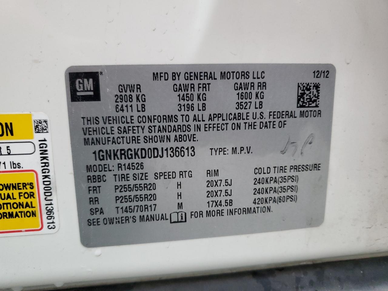 2013 Chevrolet Traverse Lt VIN: 1GNKRGKD0DJ136613 Lot: 91632625