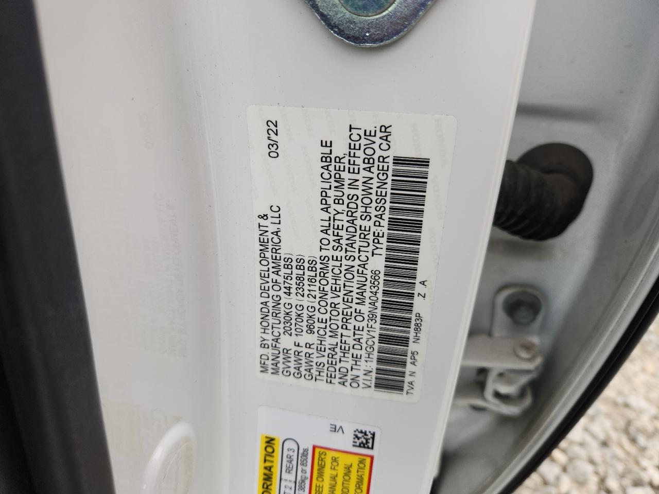 2022 Honda Accord Sport VIN: 1HGCV1F39NA043566 Lot: 93680435