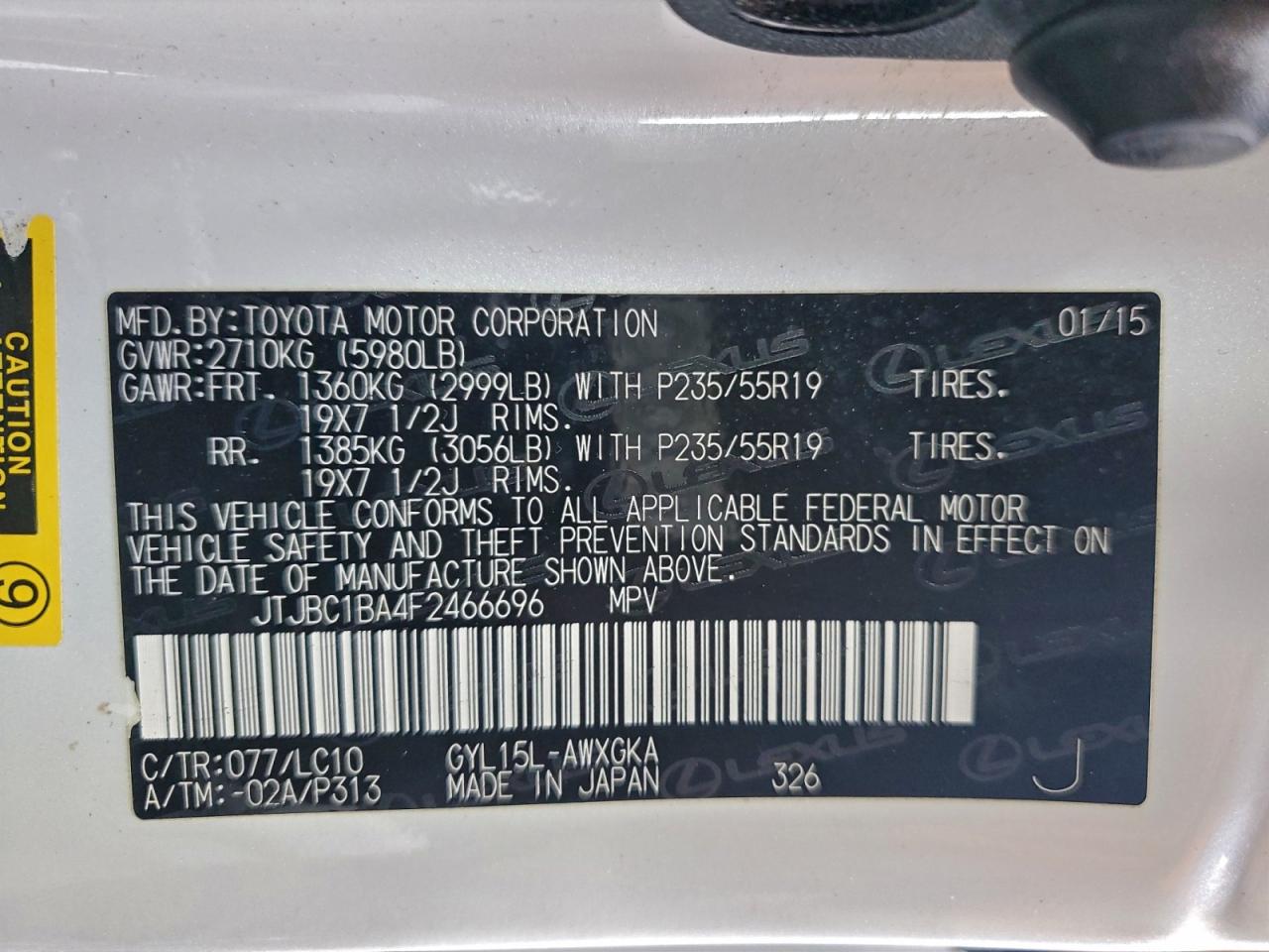 2015 Lexus Rx 450H VIN: JTJBC1BA4F2466696 Lot: 93592945