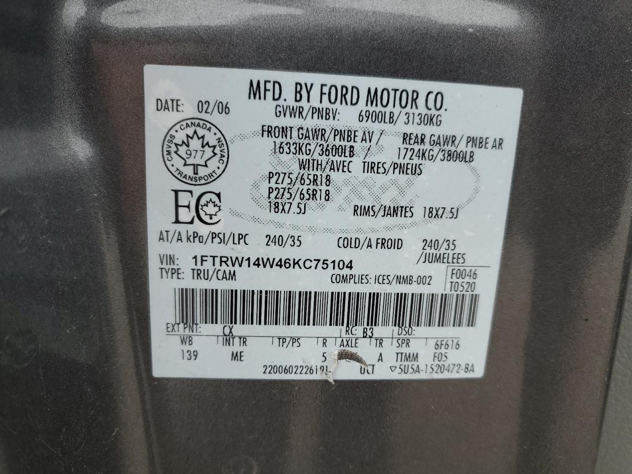 2006 Ford F150 Supercrew VIN: 1FTRW14W46KC75104 Lot: 91203865