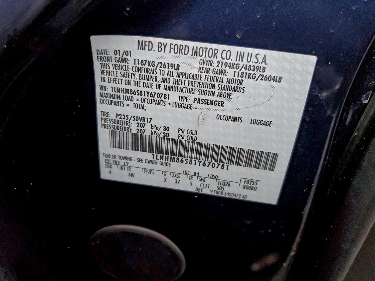 2001 Lincoln Ls VIN: 1LNHM86S81Y670781 Lot: 94555445