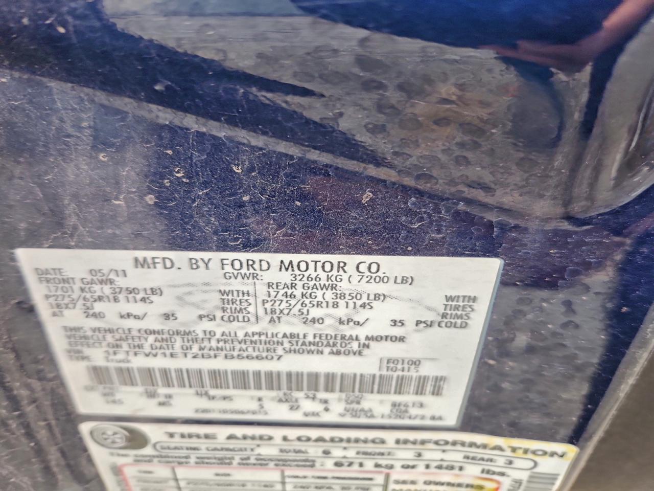 2011 Ford F150 Supercrew VIN: 1FTFW1ET2BFB56607 Lot: 93473525