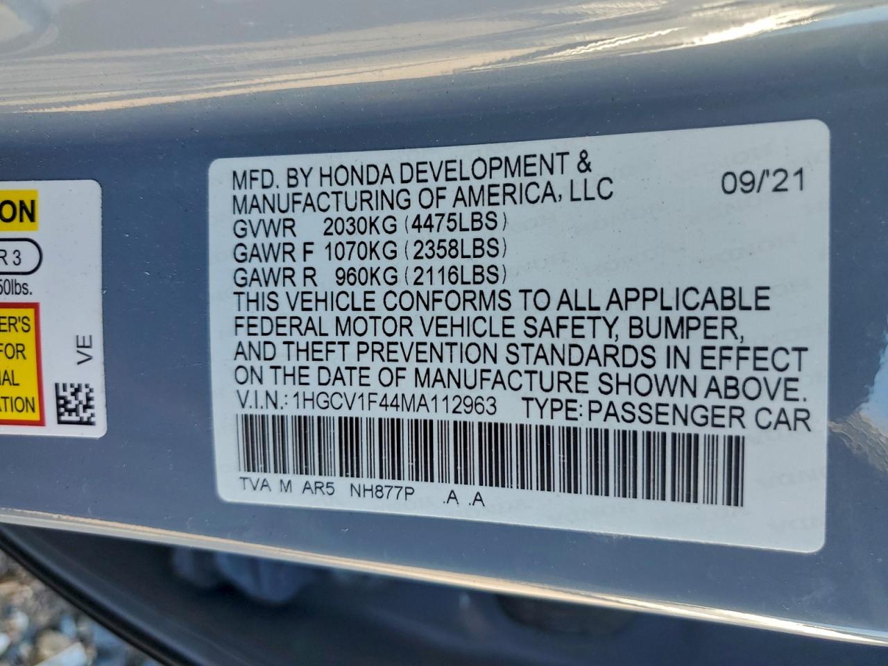 2021 Honda Accord Sport Se VIN: 1HGCV1F44MA112963 Lot: 94548785