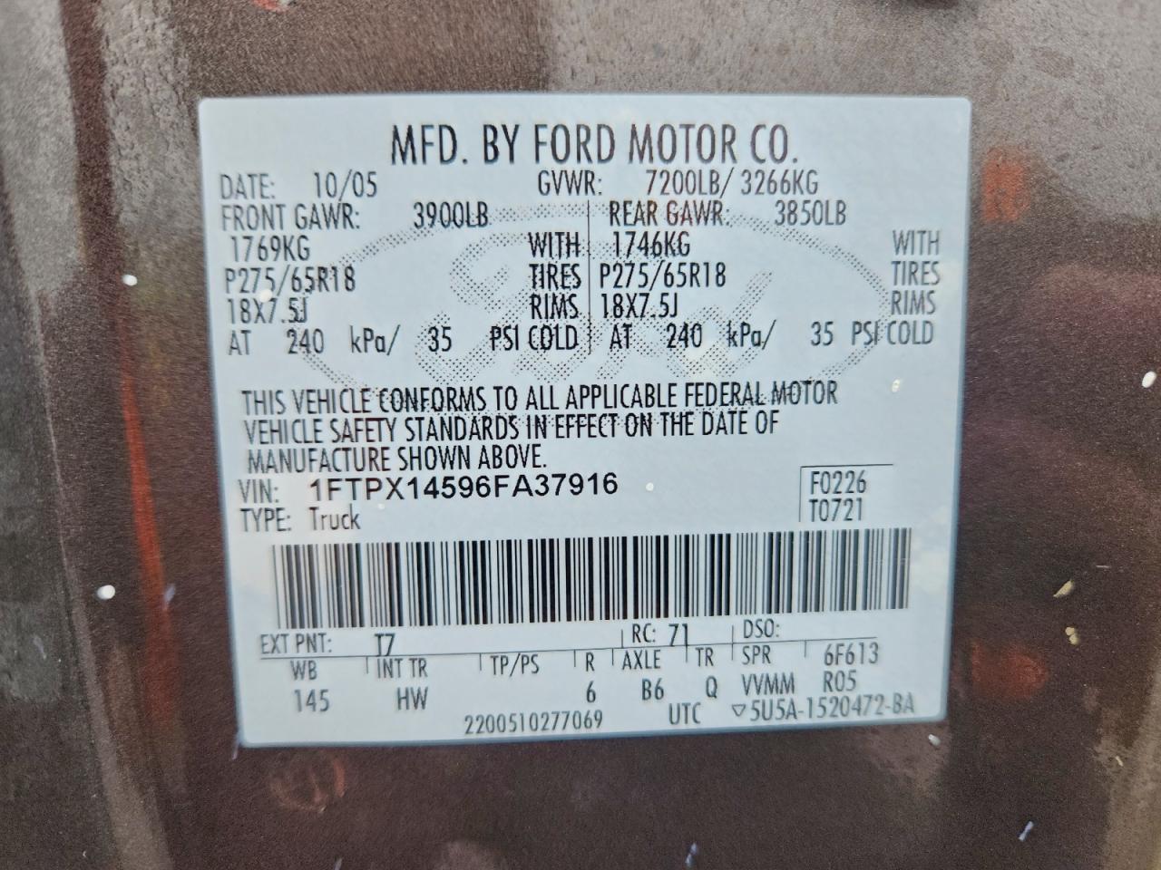 2006 Ford F150 VIN: 1FTPX14596FA37916 Lot: 93346695