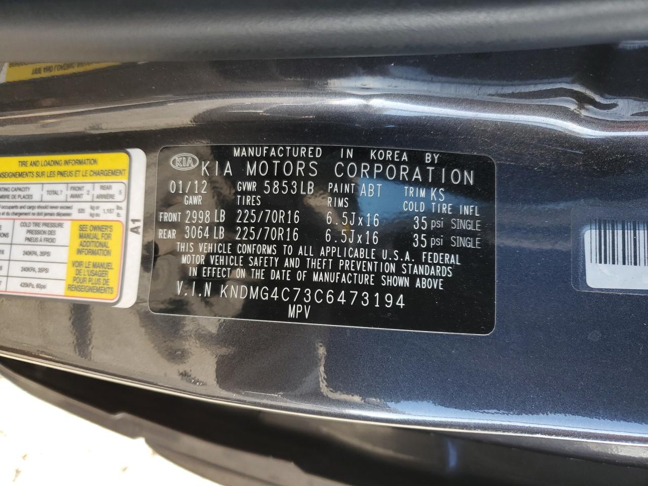 2012 Kia Sedona Lx VIN: KNDMG4C73C6473194 Lot: 91244845