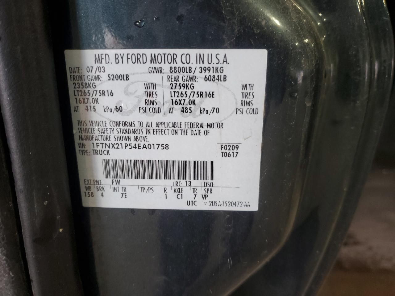 2004 Ford F250 Super Duty VIN: 1FTNX21P54EA01758 Lot: 91893815