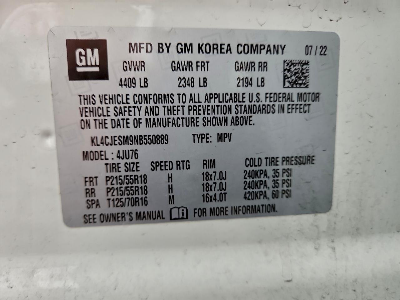 2022 Buick Encore Preferred VIN: KL4CJESM9NB550889 Lot: 94110785