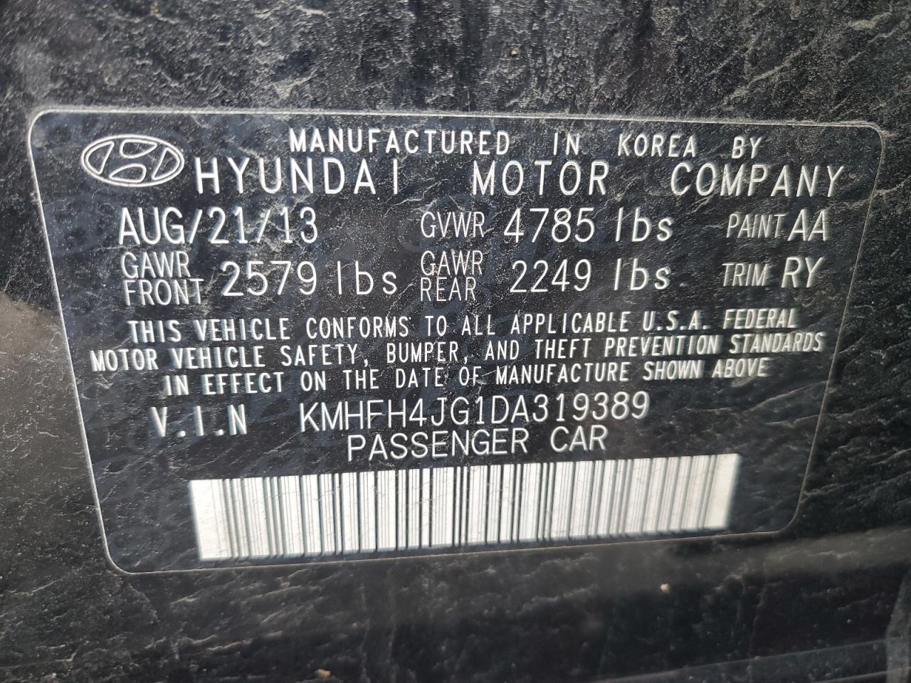 2013 Hyundai Azera Gls VIN: KMHFH4JG1DA319389 Lot: 93392085