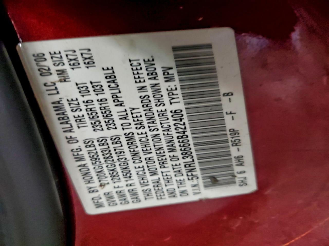 2006 Honda Odyssey Exl VIN: 5FNRL38666B422406 Lot: 93985175