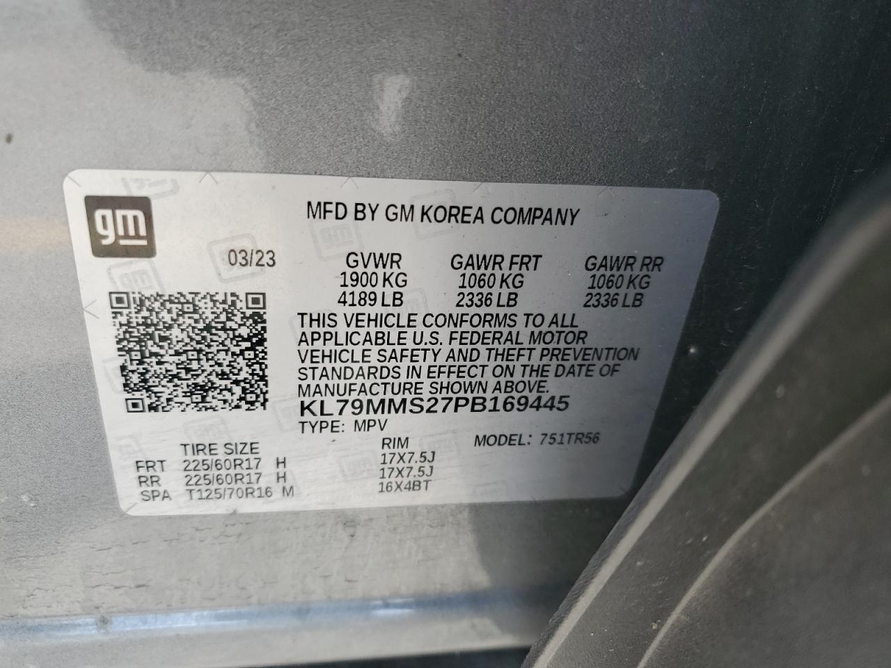 2023 Chevrolet Trailblazer Ls VIN: KL79MMS27PB169445 Lot: 85431015