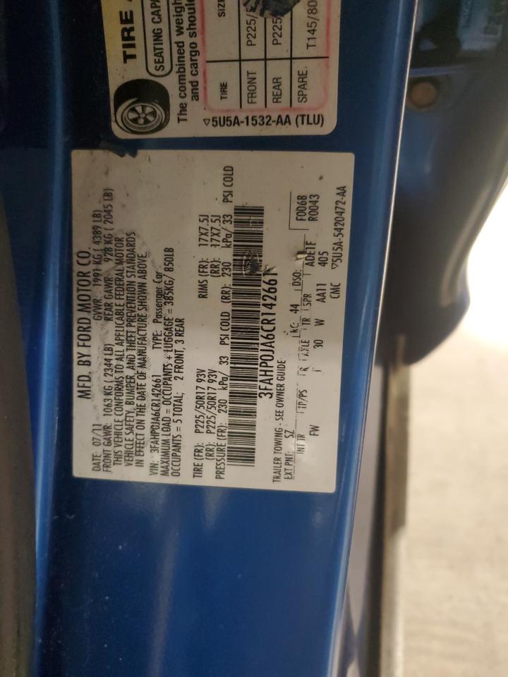 2012 Ford Fusion Sel VIN: 3FAHP0JA6CR142661 Lot: 93364895